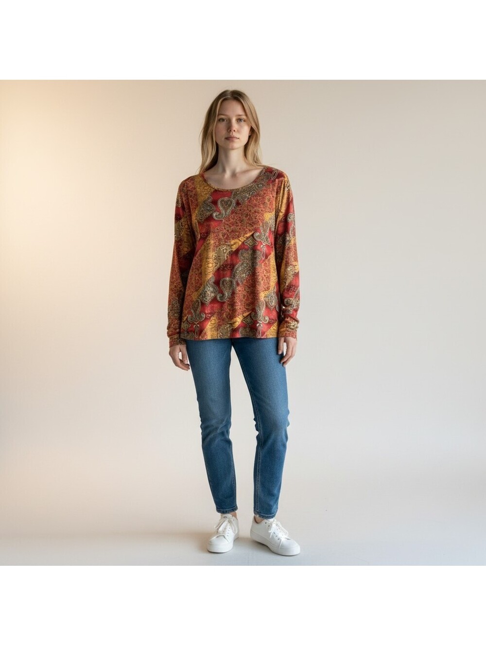 Faded Glory Top Women M Medium Red Geometric Long Sleeve Round Neck Casual
